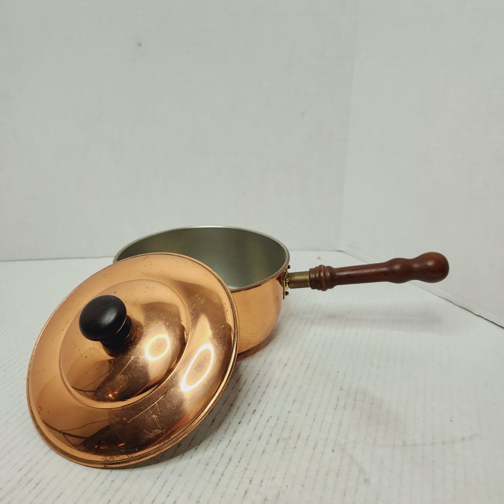 BONGUSTO Copper Sauce Pan/Pot Lid ITALY 7" Dia Covered Cooking TinLined VTG Wood - Picture 3 of 16